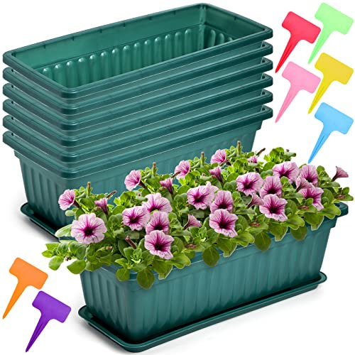 Fasmov 7 Stück 43,2 cm Blumenfenster Box Kunststoff Gemüse Pflanzgefäße mit Tabletts Gemüse Anzuchtbehälter Garten Blumentopf mit 7 Stück Pflanzenetiketten für Balkon, Terrasse, Garten, Grün