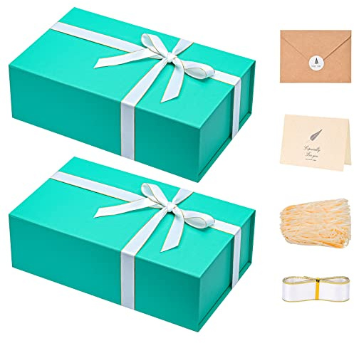 LIFELUM Grün-blaue Geschenk-Box, 35,1 x 21,1 x 11,2 cm, 1 Packung große Geschenkbox mit Magnetdeckel für Geschenke, Geburtstage, Brautjungfer-Antragsboxen enthält Band, Karte, geschreddertes