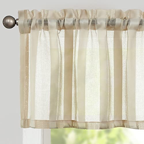 TOPICK Sheer Scheibengardinen 1 Stück H 35 x B 130 (cm) Beige mit Tunnelzug Transparent Bistrogadine Landhaus Streifen Voile Küchenvorhang Gestreift Küchengardinen Paarig für Badezimmer Klein Fenster