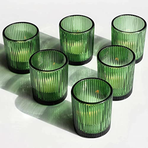 VOHO Votivkerzenhalter 24er Set, Grün Kerzenhalter für Teelicht & Votivkerzen, Vintage Geriffelte Glas Teelichter Kerzenhalter für Zuhause & Weihnachtsdekorationen