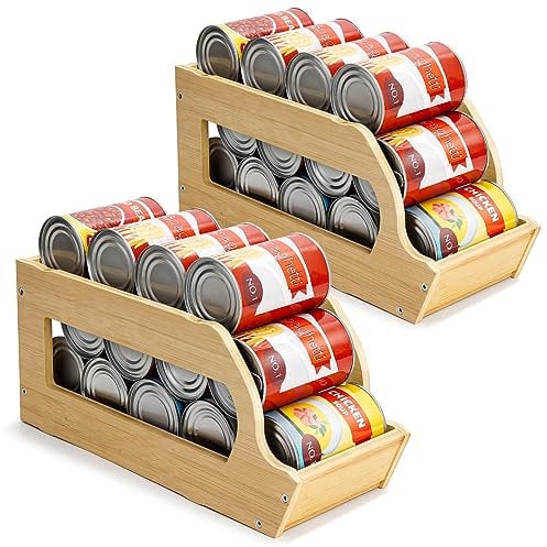 Yumkfoi Bamboo Can Organizers and Storage for Pantry, Soda Can Organizer Beverage Drink Holders, Stackable Canned Goods Organizer Can Dispenser for Pantry, Kitchen, Cabinet (2 Pack)