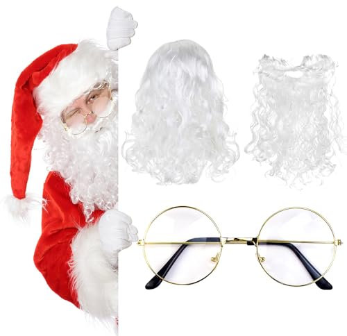REFORUNG Weihnachtsmannbart + Perücke Weihnachtsmann + Brille, Nikolausbart Bart weiß Weiss - Perücke Santa Claus Perücke und Bart Set Ruprecht Gott Karneval Cosplay Weihnachten Kostüm Wig mit Bart