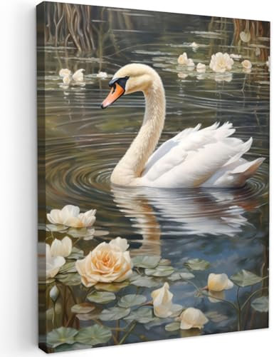 MuchoWow© Bilder 60x80 cm Wohnzimmer Deko Modern Wandbild Foto auf Leinwand Bild Schlafzimmer Room Decor Geschenke Schwan - Blumen - Lilie - Tiere