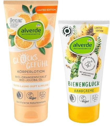 Alverde NATURKOSMETIK 2er-Set Hautpflege: Körperlotion GLÜCKSGEFÜHL beruhigende Bodylotion mit Orangenschale & Jojoba-Öl, 200 ml + Handcreme BIENENGLÜCK Feuchtigkeitspflege m. Olivenöl, 75 ml (275 ml)