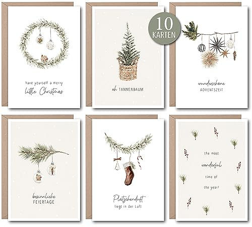 luftundliebe Weihnachtskarten mit Umschlag Set (10 Stück) - A6 Postkarten Set zu Weihnachten - Weihnachtskarte - christmas cards - Aquarell Set 2
