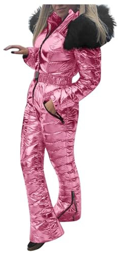 IQYU Skianzug Damen Einteiler Warm Schneeanzug Wasserdicht Schneeoverall Mit Fellkapuze Gürtel Snowboardjacke Lang Skijacke Thermo-Skibekleidung Warme Schnee-Jacke Skifahren Sätze Outdoor Jumpsuit