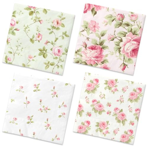 40Pcs Floral Napkins-Spring Disposable Paper Napkins Vintage Rose Floral Decoration One Napkin with 4Patterns for Garden Spring Tea Party