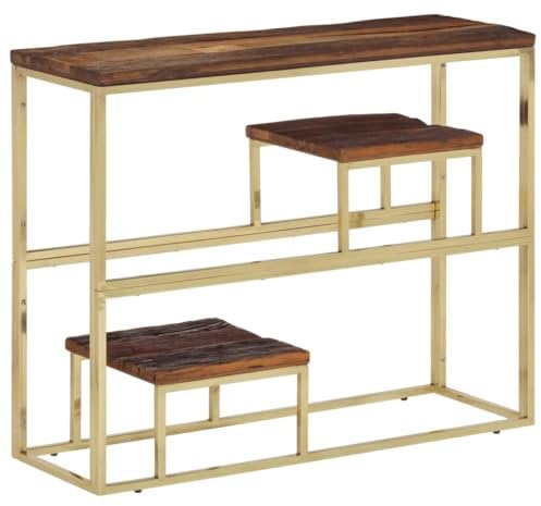 vidaXL Konsolentisch, Konsole Beistelltisch mit Ablagen, Wandtisch für Wohnzimmer Flur, Flurtisch Tisch, Modern, Golden Edelstahl Massive Holzschwellen