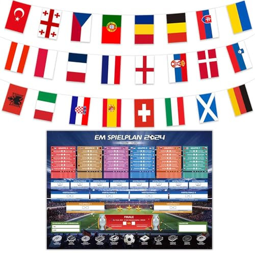 Spielplan Poster für Euro Dekoration Fahnen Wimpelkette und EM Spielplan Poster 2024 Euro Fußball Party Dekoration 14x21cm Doppelseitig EM Flaggen und Poster für Europameisterschaft Fussball (aet)