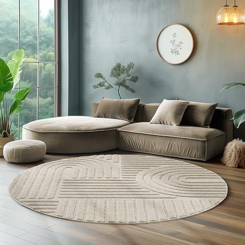 Hochflor Rund Teppich Wohnzimmer Küchenteppich Schlafzimmer Läufer Flur Skandi Boho Teppich 3D Design Flauschig Weich, Größe: 200 x 200 cm Farbe: Beige