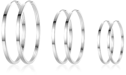 Kamise Ohrringe 925 Sterling Silber Creolen für Damen, Hypoallergen Große Ohrringe Leichte Kreolen in 40/50/60mm Durchmesser, Klappcreolen Runde Kreis Ohrschmuck, 3 Paare Silber Creolen Ohrringe Set