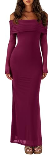 REORIA Women Off Shoulder Long Sleeve Dress Elegant Sexy Stretch Mesh Double Lined Slim Trendy Long Dresses