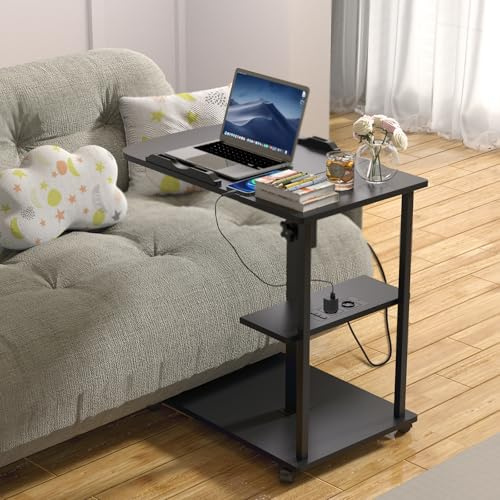 Table d'appoint avec Roulettes et Prise pour Ordinateur, Table Basse Réglable en Hauteur, Le Bureau Peut être Retourné, Côtés Antidérapants, 70x40x70-107cm Tables Portable pour Chambre à Coucher Salon