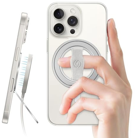 EWA MagOne 3rd Gen [Kompatibel mit MagSafe] Handy Griff ständer mit elastischem Fingerloop, drehbaren Innenring, abnehmbarem magnetischen Ringhalter, für iPhone 16, 15, 14, 13, 12 - Silber