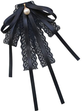 alloneslife Nœud papillon, nœud papillon en ruban, broche nœud papillon en dentelle pour femme, broche pour uniforme d'étudiant, col jabot, perles pré-nouées (noir), Noir , See size chart