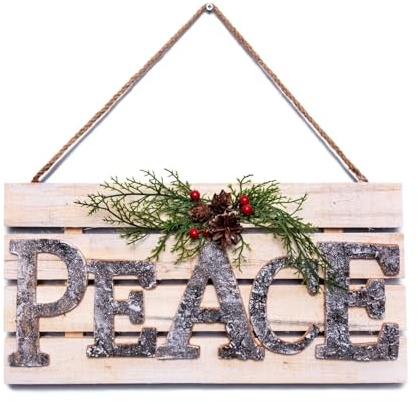 Christmas Hanging Wall Sign - PEACE Letters in Wooden Frame, 20x40cm Decorative Plaque, Holiday Wall Art for Home,Door,Wall, Festive Christmas Décor