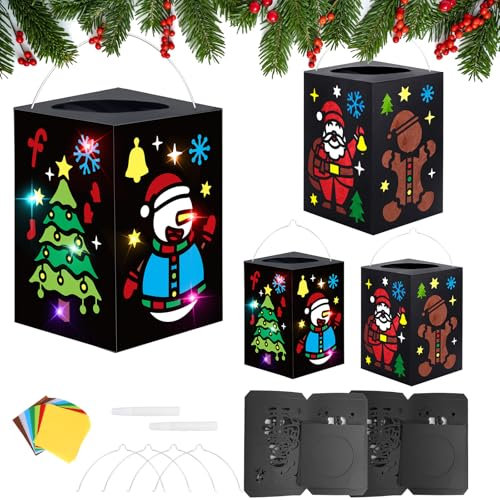 DKINY 4PCS Weihnachten Laternen Bastelset Kinder Laternen zum Selber Basteln DIY Weihnachtsmann Schneemann Weihnachtsbaum Papierlaternen Bastelsets Weihnachten Kreativset Geschenk Junge Mädchen