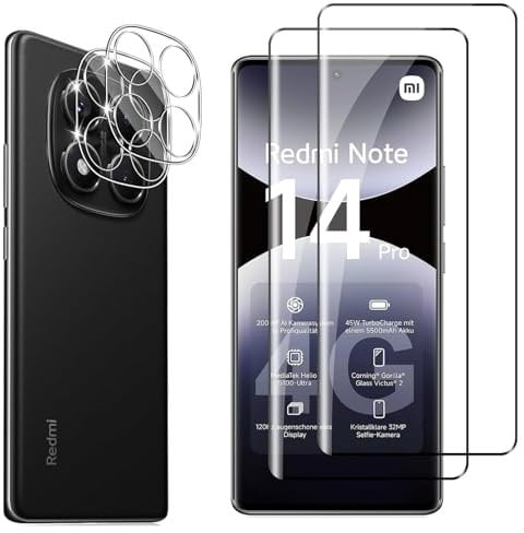 Hengnewro 2 Pièces Verre Trempé pour Xiaomi Redmi Note 14 Pro 5G avec 2 Pièces Caméra Arrière Protection Accessoire, 9H Dureté, Anti-Rayures, Sans Bulles Protection écran