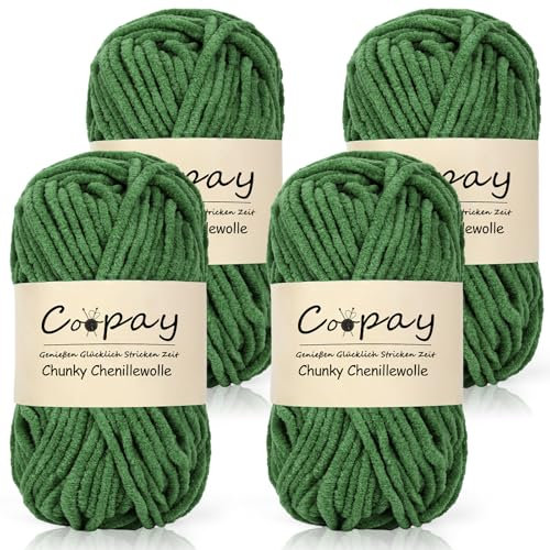 Coopay Spesso filato per uncinetto, 4 gomitoli di lana Chunky da 50 g, soffice lana spessa per lavorare a maglia, verde militare