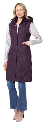 Izabel London Hooded Sleeveless Longline Puffer Gilet For Women UK with a front zip, a hood and pockets.