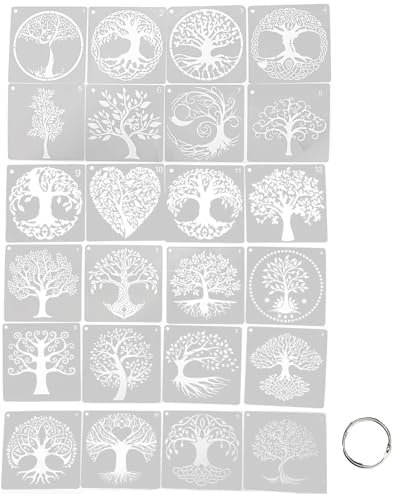24 Pezzi Stencil per Albero Della Vita, Albero Della Vita Stencil, Forma di Albero Della Vita Stencil, Stencil Quadrati in Plastica Riutilizzabili per la Pittura Fai da Te Scrapbook,Tela,Mobili,Wall