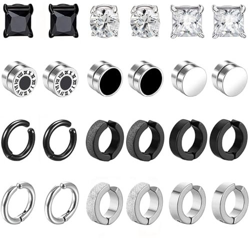 12 Paires Boucles d’oreilles Magnétiques pour Homme Femme Acier Inoxydable Boucles d’oreilles Sans Trou Faux Piercing Oreille Magnétique Fausse Créoles Boucle d'oreilles Set Noir Argent