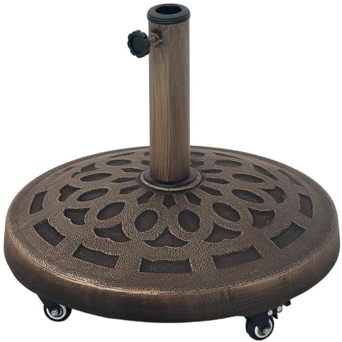 Outsunny 21kg Resin Garden Parasol Base with Wheels, Round Umbrella Stand, Heavy Duty Sun Umbrella Base for 32, 38, 48 mm Umbrella Poles for Deck Poolside, Bronze Tone