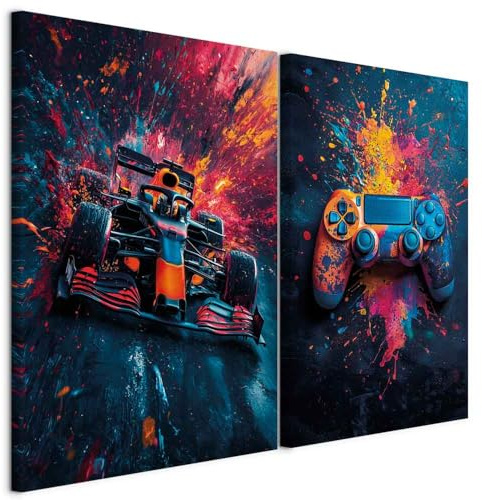 murando - Leinwandbild Set Rennwagen Spielcontroller, 120x90 cm, 2-teilig | Hochwertige Leinwand, sofort aufhängbar, ideal fürs Kinderzimmer, wasserfest und lichtecht, langlebig, stilvoll, zeitlos