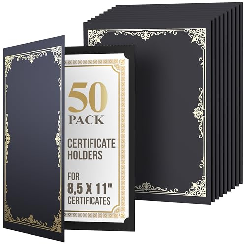 50 Pack Premium Black Certificate Holders 8.5 x 11 - Heavyweight 300gsm Cardstock Diploma Holder & Certificate Folder - Award Certificate Folders for Graduation with Gold Foil - Diploma Cover 8.5x11