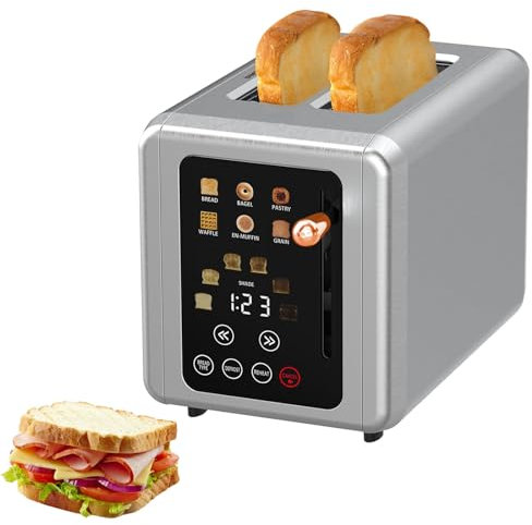 Tostadora inteligente de 2 rebanadas con pantalla táctil, tostadora digital de acero inoxidable con temporizador, función de sonido, ranuras anchas, 6 tipos de pan, 6 niveles de tostado y descongelaci