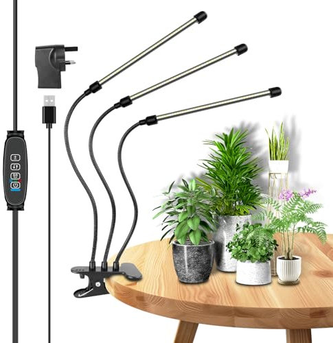 RIGIDON Led Grow Lights for Indoor Plants with Clip, 3-Head 126 LEDs Full Spectrum 6000K/3000K/380nm-800nm Grow Lamp with Auto ON & Off Timer 3/9/12H, 3 Modes, 10-Level Dimmable
