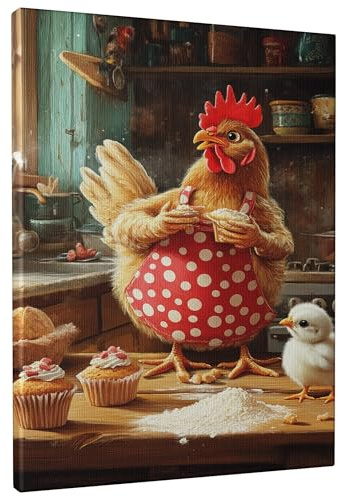 Leinwandbild mit niedlichem Huhn, gelb-rote Hühner, Küchendekoration, lustiger Tierstil, ästhetische Kunst für Esszimmer, Bauernhaus, Party, ungerahmt, 30,5 x 40,6 cm