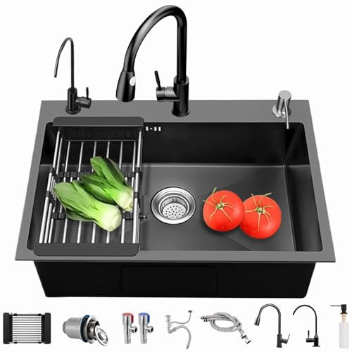 Coubird Küchenspüle schwarz Edelstahl Unterbau/Aufsatz kleine Einzelbecken, Küchenspüle mit Abtropfgarnituren, geeignet für Küchen, Bars und Hauswirtschaftsräume (50 x 45 cm)