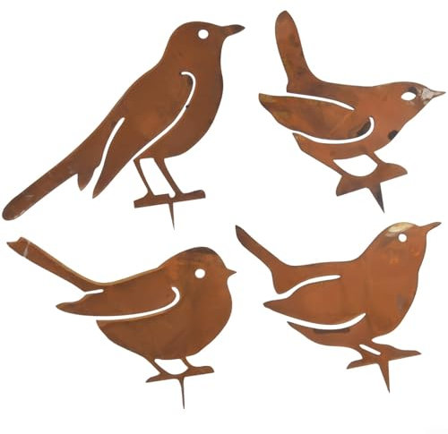 Metall Vogel Silhouette Pfahl Set 4 rostige Dekofiguren für den Außenbereich