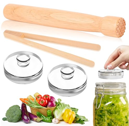 peiyee Fermentieren Zubehör 4er Set, Inkl Stößel, Zange & Gewichten (⌀7cm) | peiyee Hochwertiges Fermentier Zubehör zum Idealen Fermentieren von Sauerkraut, Kimchi & Co (2 Fermentiergewichte)