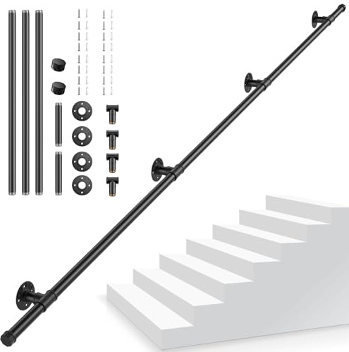 Handlauf für Treppen, Aomdom Handlauf Treppengeländer Innen und Außen, Handlauf Schwarz mit Rutschfestem, Rostfreiem, Industriellem, Verzinktem Stahlrohr für Küche BadGarten, 2,5M