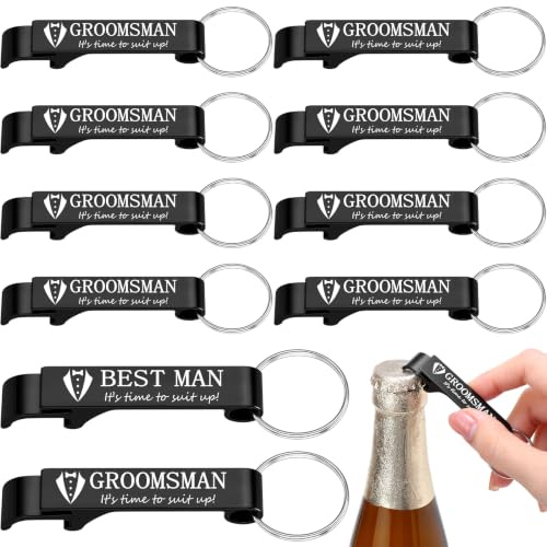 Jingmore 10 Pcs Groomsmen Bottle Opener Keychain Wedding Party Bulk,Black | Aluminum Beer Wine Opener for Mens Bachelor Party, Groomsmen Proposal Gift Set Includes 9 Groomsman and 1 Best Man