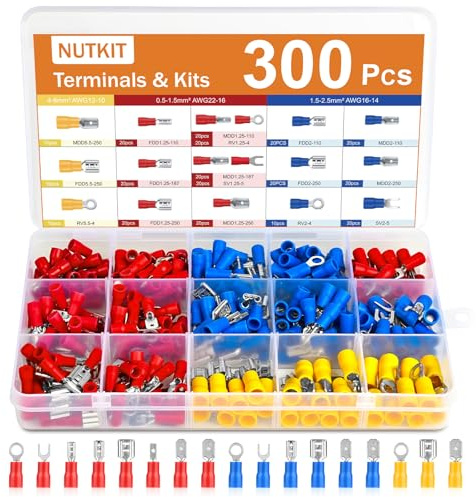 NUTKIT 300 Pezzi Pinza Crimpatrice Capicorda, 17 Tipi Terminale Isolato Capicorda, per 0.5-6 mm簡, con Scatola Assortimento, Connettori Elettrici Terminali Kit per Elettricisti, Auto, Installazioni