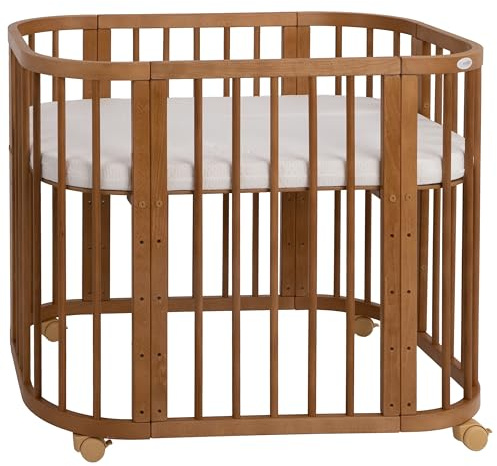 Waldin Babybett 5in1, Beistellbett aus Holz, Matratze, Belüftet, Boden 5-Fach Verstellbar, Vintage