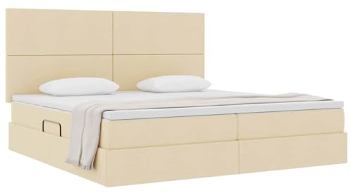 vidaXL Aufbewahrungsbett mit Matratze Creme 200 x 200 cm Polyester, Moderner Stauraumbett, rechteckig, hydraulisch, platzsparend, bequem, schwarzes Kunstleder, Matratze dabei