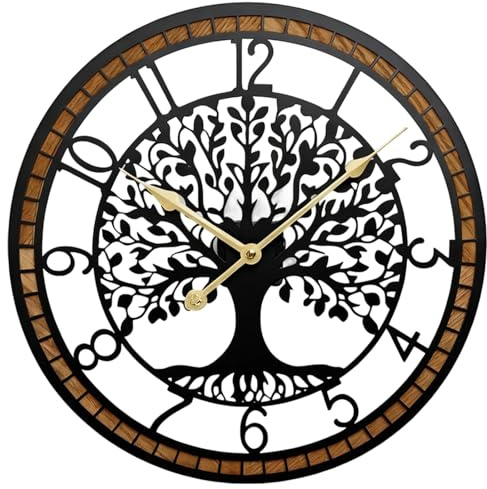 Chewtoyo Horloge murale arbre de vie, 40 cm, décoration pour salon, cadre en métal noir doré, design d'arbre creux, accents en bois, excellente décoration d'intérieur