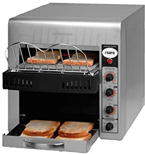 SARO CHRISTIAN Horno continuo con cinta transportadora, acero inoxidable, calor superior e inferior regulable, conserva el calor, dispositivo térmico de cuarzo, bandeja recogemigas, 0-180 °C, 3 kW
