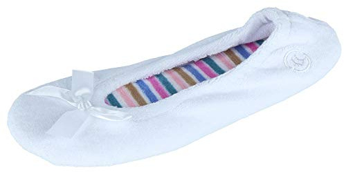 isotoner Women's Indoor/Outdoor Classic Terry Ballerina Slippers with Non-slip Sole, White Stripe, 6.5-7. 5