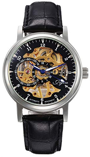 FENKOO Damen Totenkopfuhr Mechanischer Handaufzug Leder Band Armbanduhr Schwarz
