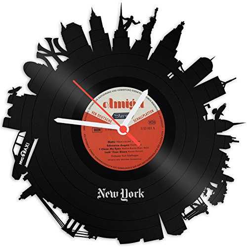 GRAVURZEILE Schallplattenuhr - Skyline New York 2018 - Wanduhr aus gegossenem Vinyl mit Stadt Skyline 30 cm - Upcycling Design-Uhr Wand-Deko Vintage Wand-Dekoration Retro-Uhr - Made in Germany