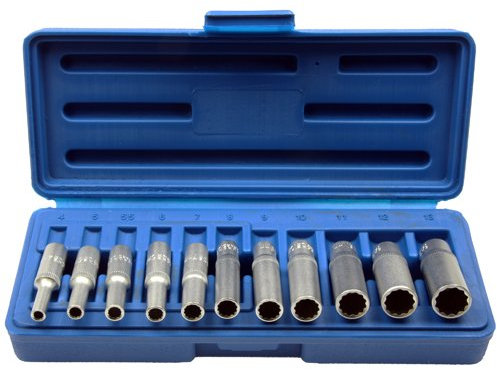 Lange 12-KANT/Zwölfkant Vielzahn (Doppel-Sechskant/Doppel-6-kant) Steckschlüsseleinsätze Schraubenschlüssel Stecknuss 1/4 4-13 mm - Chrom-Vanadium-Stahl - 11-tlg. Inkl. robuste Kunststoffbox