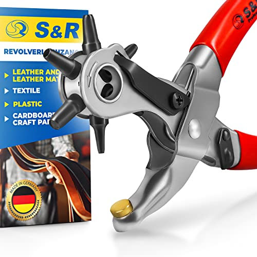 S&R Revolverlochzange MADE IN GERMANY, Lochzange für Leder, Gürtel, Uhrenarmbänder, Gurte, Karton, Pappe, Schuhe, Textilien, Loch-Zange mit 6 wechselbaren Lochpfeifen 2/2,5/3/3,5/4/5 mm Stanzzange