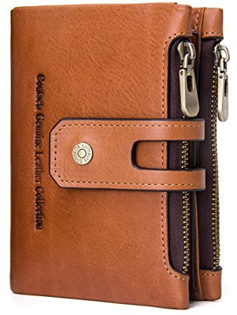Contacts Männer echtes Leder Bifold Doppel-Reißverschluss Münzfach Geldbörse (Braun)