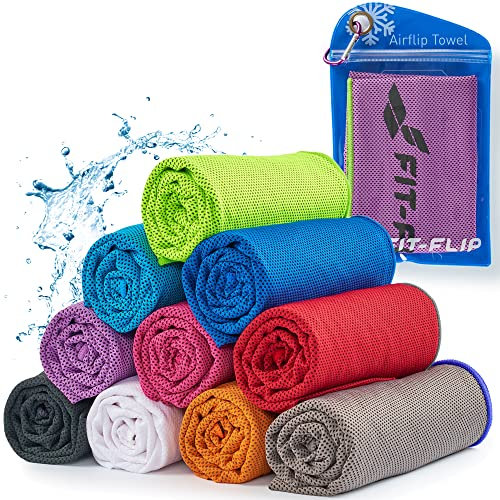 Fit-Flip Airflip Kühltuch - Ice Cooling Towel - das kühlende mikrofaser Sporthandtuch für Nacken und Hals - Kühlhandtuch für Fitness und Sport (Violet-neon grüner Rand, 120x35cm)