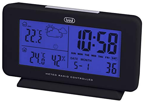 Trevi ME 3P08 RC Stazione Meteo Radiocontrollata con Sensore Esterno Senza Fili, Temperatura, Umidità, Previsioni Meteo, Retroilluminazione LED, Funzione Sveglia/Calendario, Nero